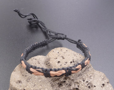 Bracelet réglable pour homme en cuir véritable tressé naturel et noir et coton