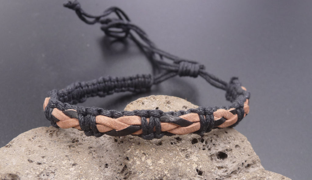 Bracelet réglable pour homme en cuir véritable tressé naturel et noir et coton