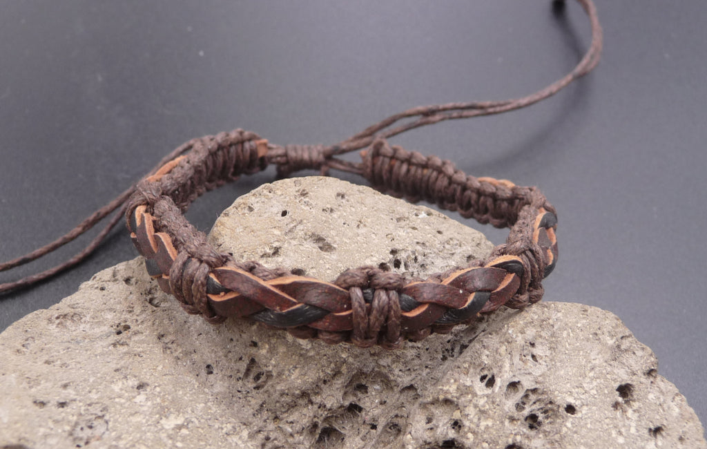 Bracelet ado ou homme en cuir tressé marron chocolat et coton