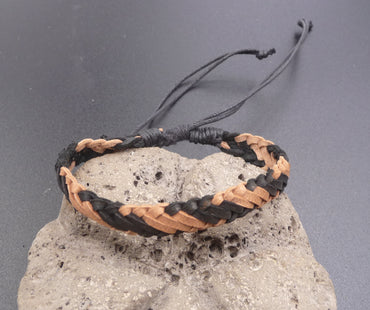 Bracelet réglable ado ou homme en cuir véritable tressé naturel et noir