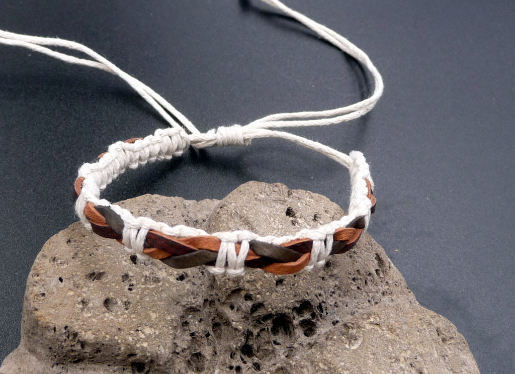 Bracelet réglable pour ado ou homme en cuir tressé Marron et Noir et coton Blanc