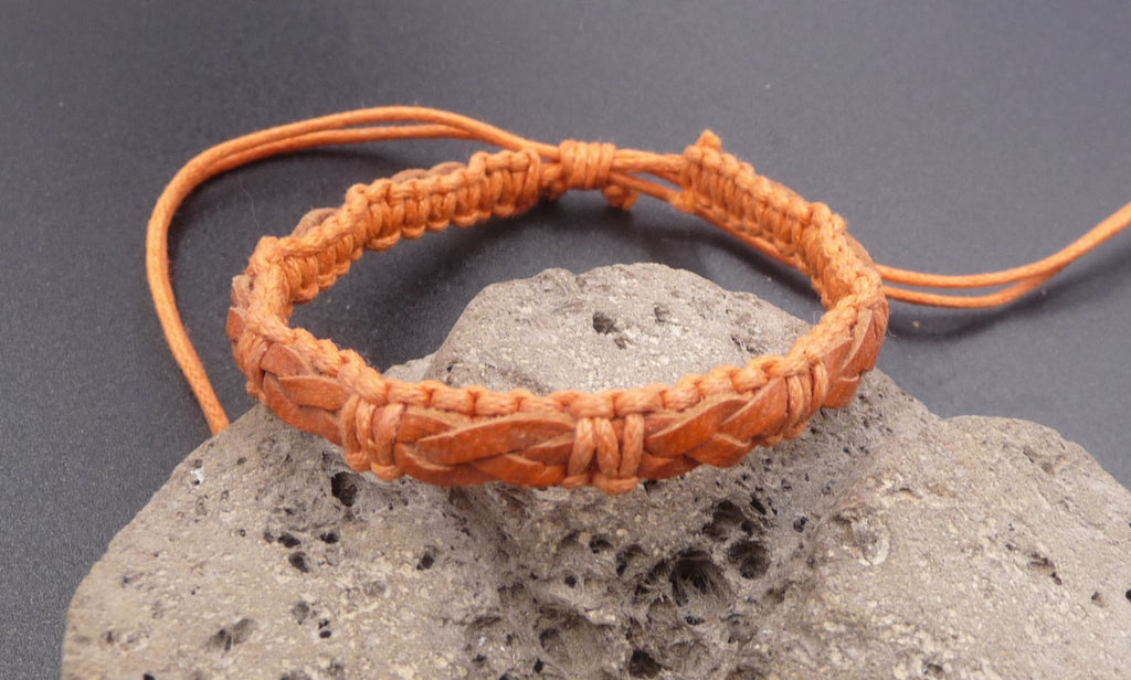 Bracelet unisexe réglable en cuir tressé orange et coton