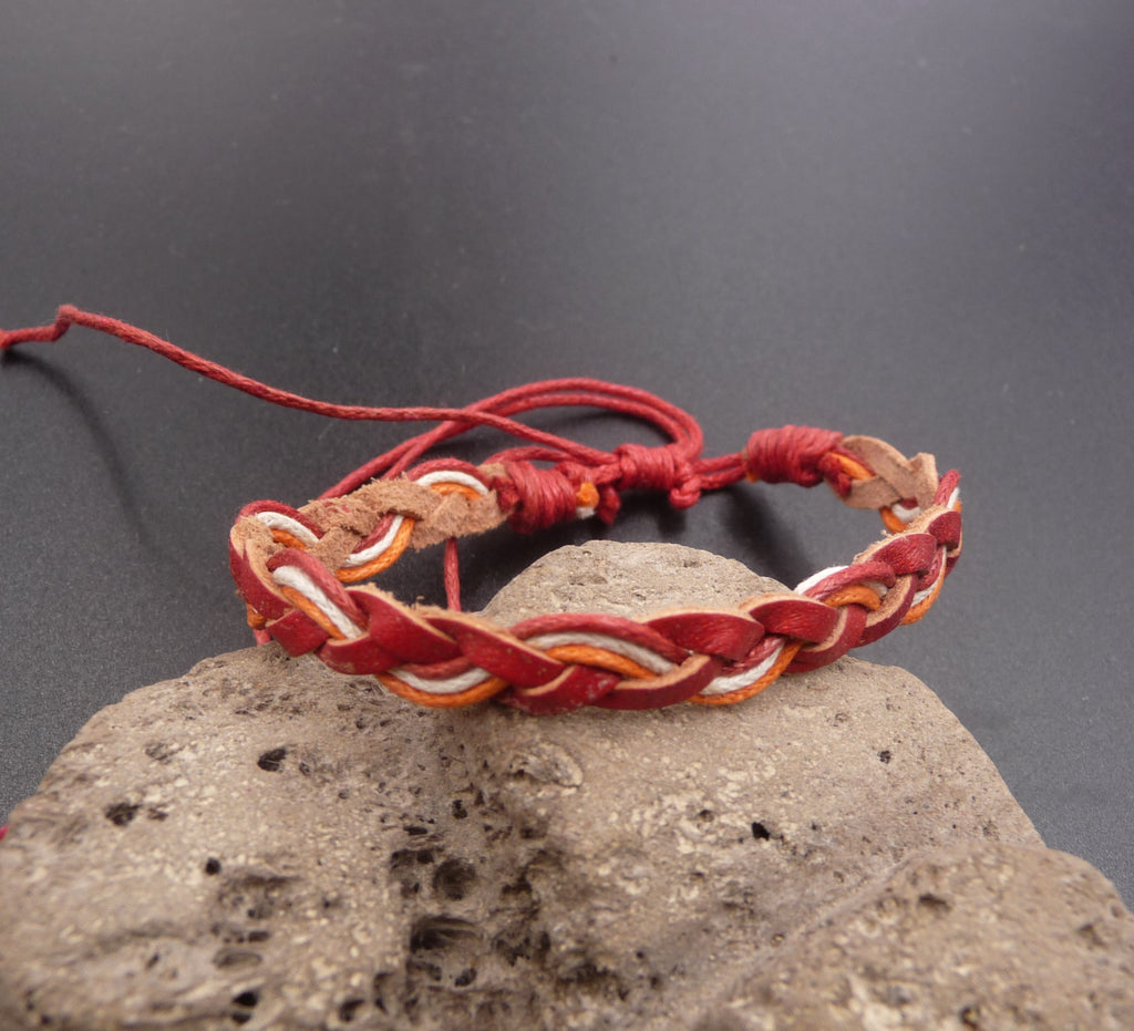 Bracelet en cuir tressé rouge et coton N3