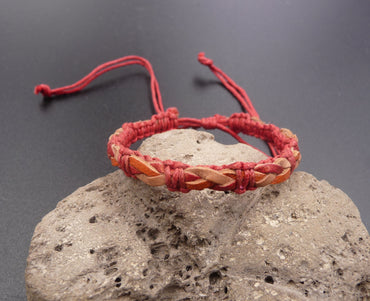 Bracelet réglable en cuir tressé naturel rouge orange et coton rouge