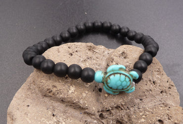 Bracelet en Agate Noire 6 mm + tortue Amérindienne en Turquoise - Bien-être et harmonie