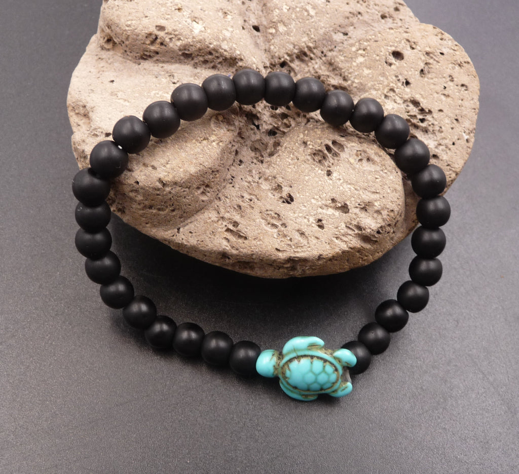 Bracelet en Agate Noire 6 mm + tortue Amérindienne en Turquoise - Bien-être et harmonie