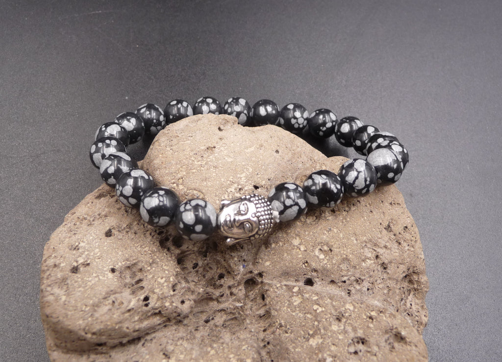 Bracelet Bouddha Thaï argent ou or en Obsidienne Neige