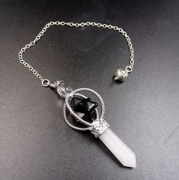 Pendule Merkaba en Cristal de Roche et Onyx Agate Noire de Madagascar