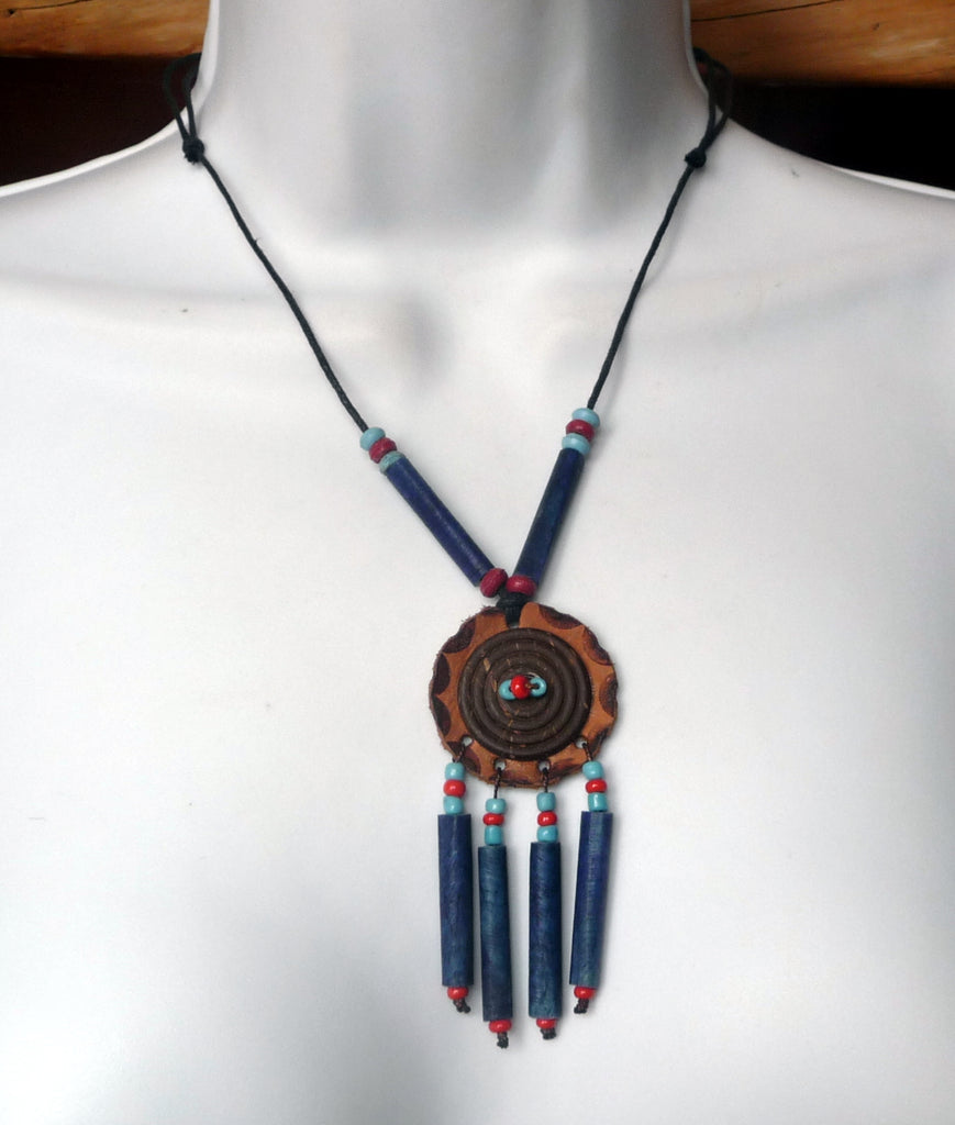 Collier choker turquoise Amérindien Apache Cheyenne Country en cuir et os buffle