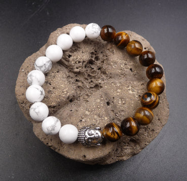 Bracelet Yin Yang Bouddha Thaï argent ou or en Howlite et Oeil de Tigre