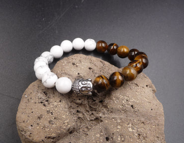 Bracelet Yin Yang Bouddha Thaï argent ou or en Howlite et Oeil de Tigre