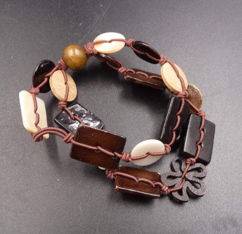 Double bracelet élastique ethnique en bois, nacre et pierre taille unique