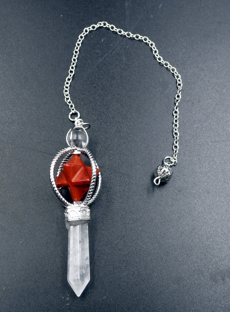 Pendule Merkaba en Cristal de Roche du Brésil et Jaspe Rouge d'Inde