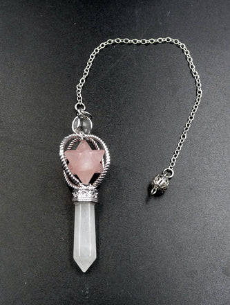 Pendule Merkaba en Cristal de Roche et Quartz Rose du Brésil