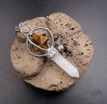 Pendule Merkaba en Cristal de Roche du Brésil et Oeil de Tigre d'Afrique du Sud