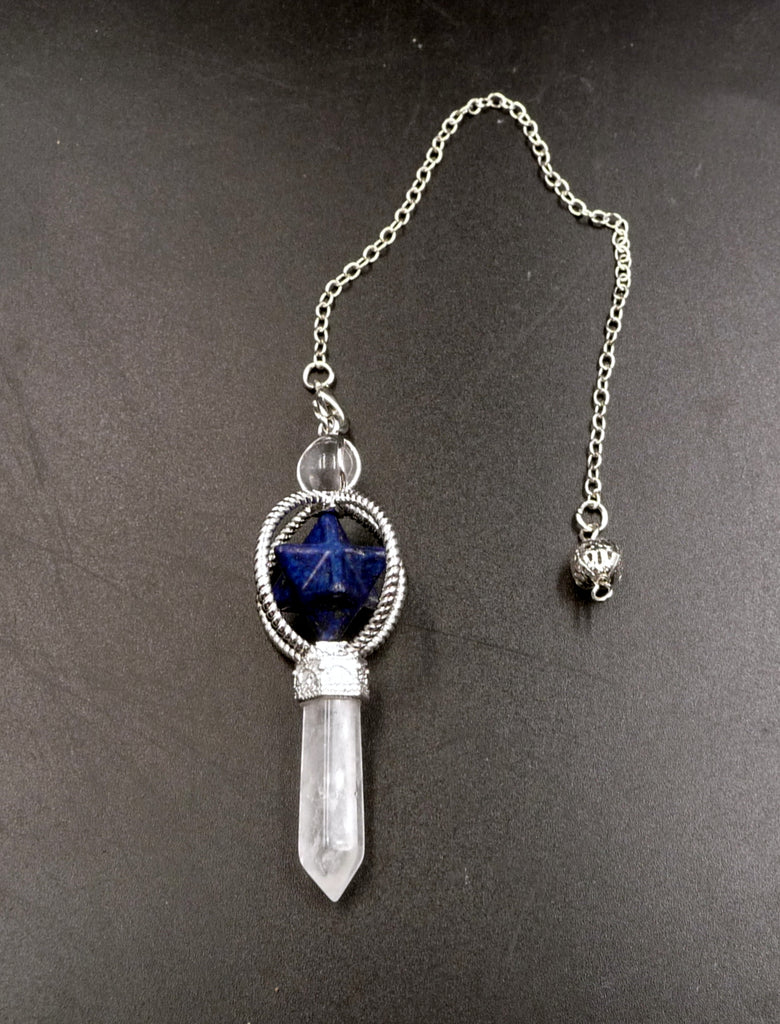 Pendule Merkaba en Cristal de Roche du Brésil et Lapis Lazuli d'Afghanistan