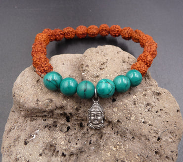Véritable bracelet Mâlâ graines de Rudraksha et turquoise Africaine avec breloque Bouddha