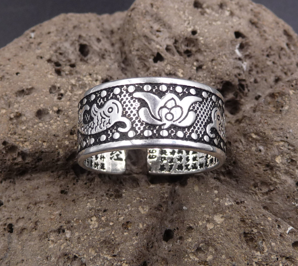 Bague Tibétaine Bouddhiste « MATSYAYUGMA » Fleur du Lotus en Argent 999