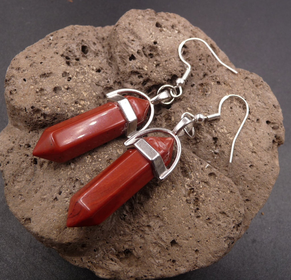 Boucles d'oreilles pendantes Pointes en Jaspe Rouge - Crochets en argent 925