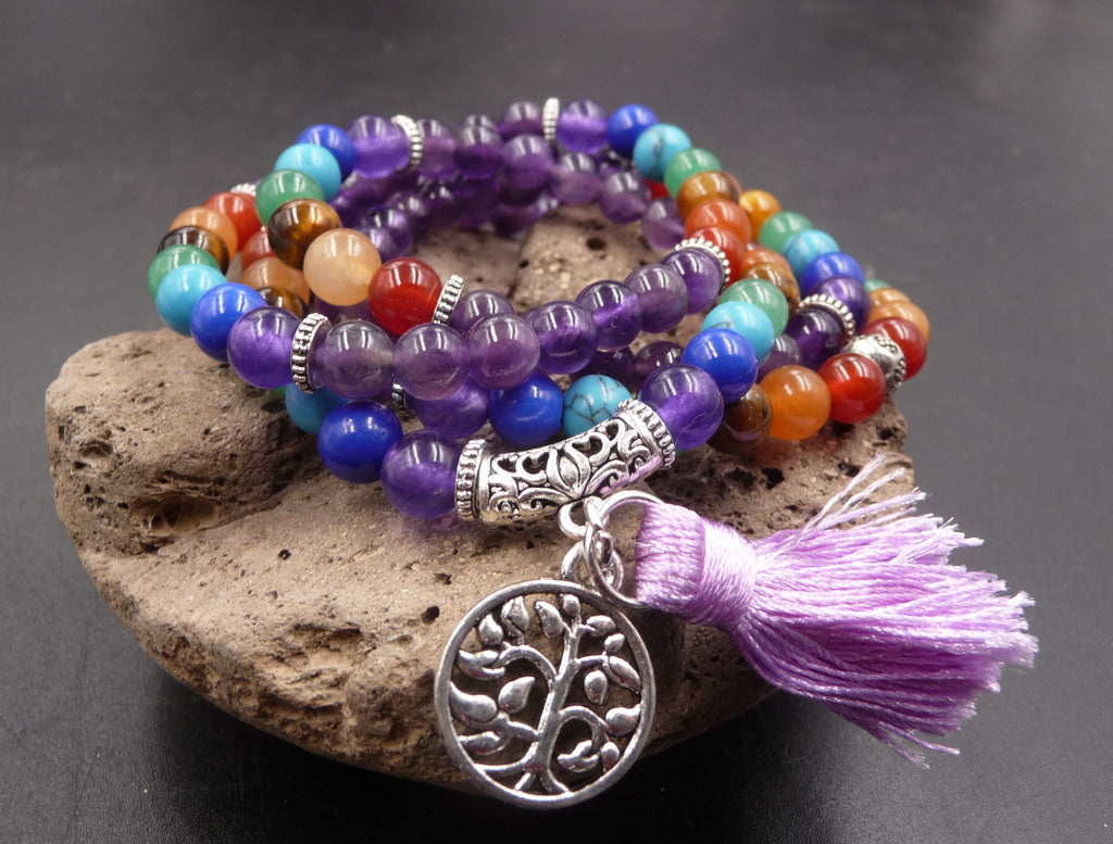 Bracelet multirang 7 chakras - Mala tibétain en Améthyste et pierres naturelles