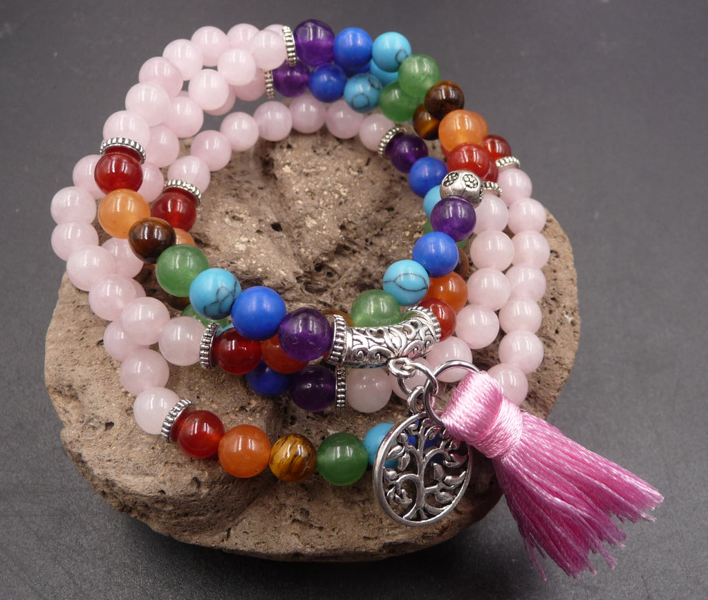 Bracelet multirang 7 chakras - Mala tibétain en Quartz Rose et pierres semi-précieuses