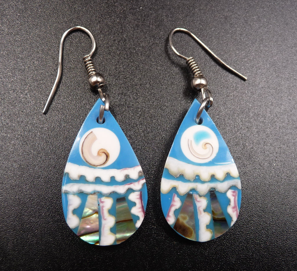 Boucles d'oreilles bleu turquoise en nacre abalone et oeil de Sainte-Lucie