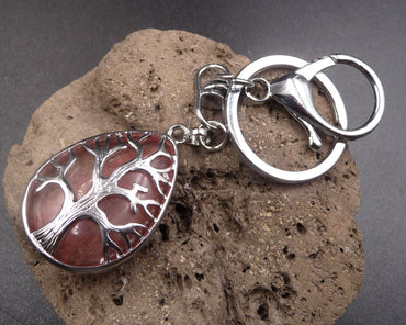 Porte-clefs / bijou de sac en Quartz Fraise du Brésil - Arbre de vie