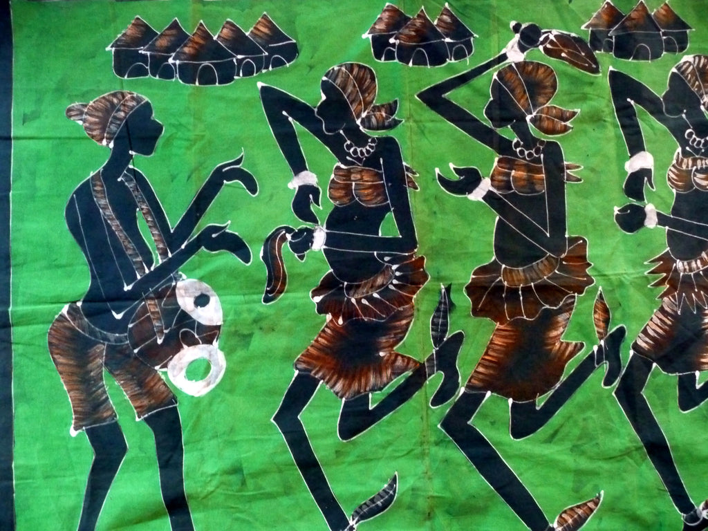 Batik africain du Burkina Faso, toile noire épaisse - Musicienne et danseuses