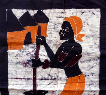 Batik du Burkina Faso, toile noire épaisse - Femme Africaine faisant la cuisine
