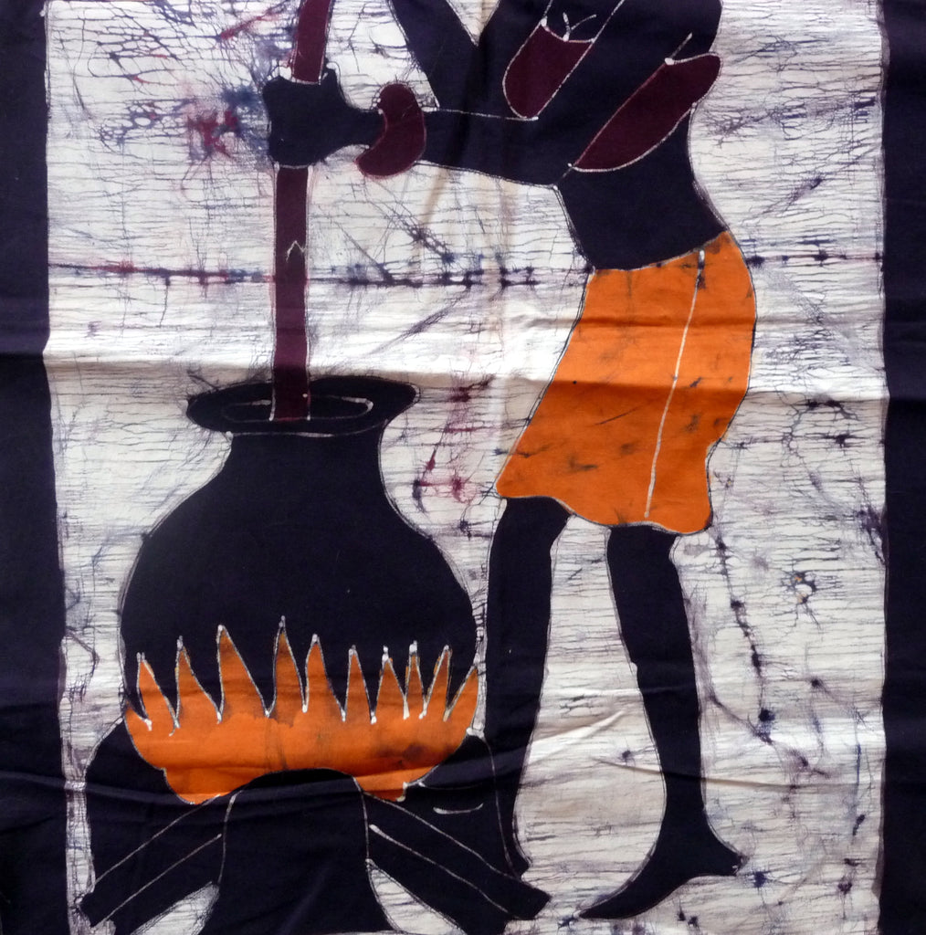 Batik africain du Burkina Faso, toile noire épaisse - Femme faisant la cuisine