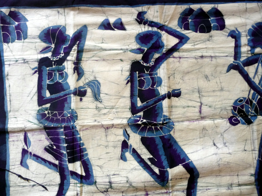 Batik africain du Burkina Faso, toile noire épaisse - Femmes jouant de la musique