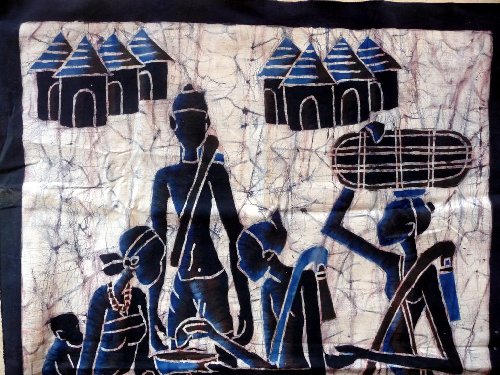 Batik africain du Burkina Faso, toile noire épaisse - Scène de vie quotidienne
