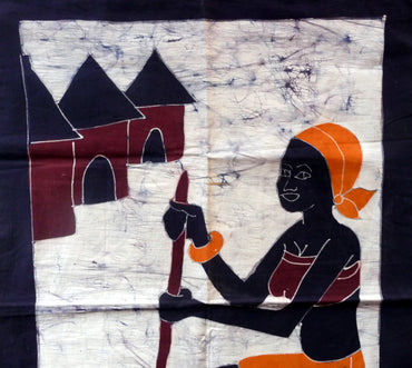 Batik africain du Burkina Faso, toile noire épaisse - Femme préparant le repas