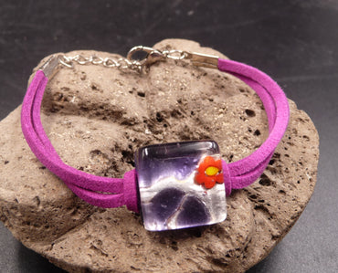 Bracelet en cuir et verre de Murano couleur violette