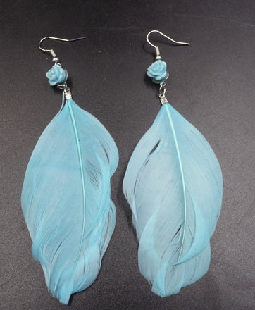 Boucles d'oreilles Amérindiennes plume bleu ciel - Crochets en argent 925