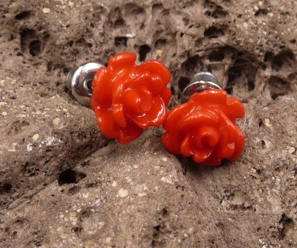 Boucles d'oreilles clous en forme de rose rouge - Fermoirs en argent 925