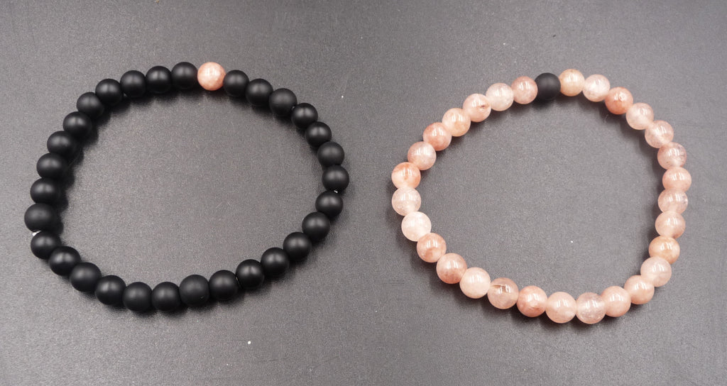 Bracelets de distance / couples - Agate noire et Pierre du Soleil 6 mm