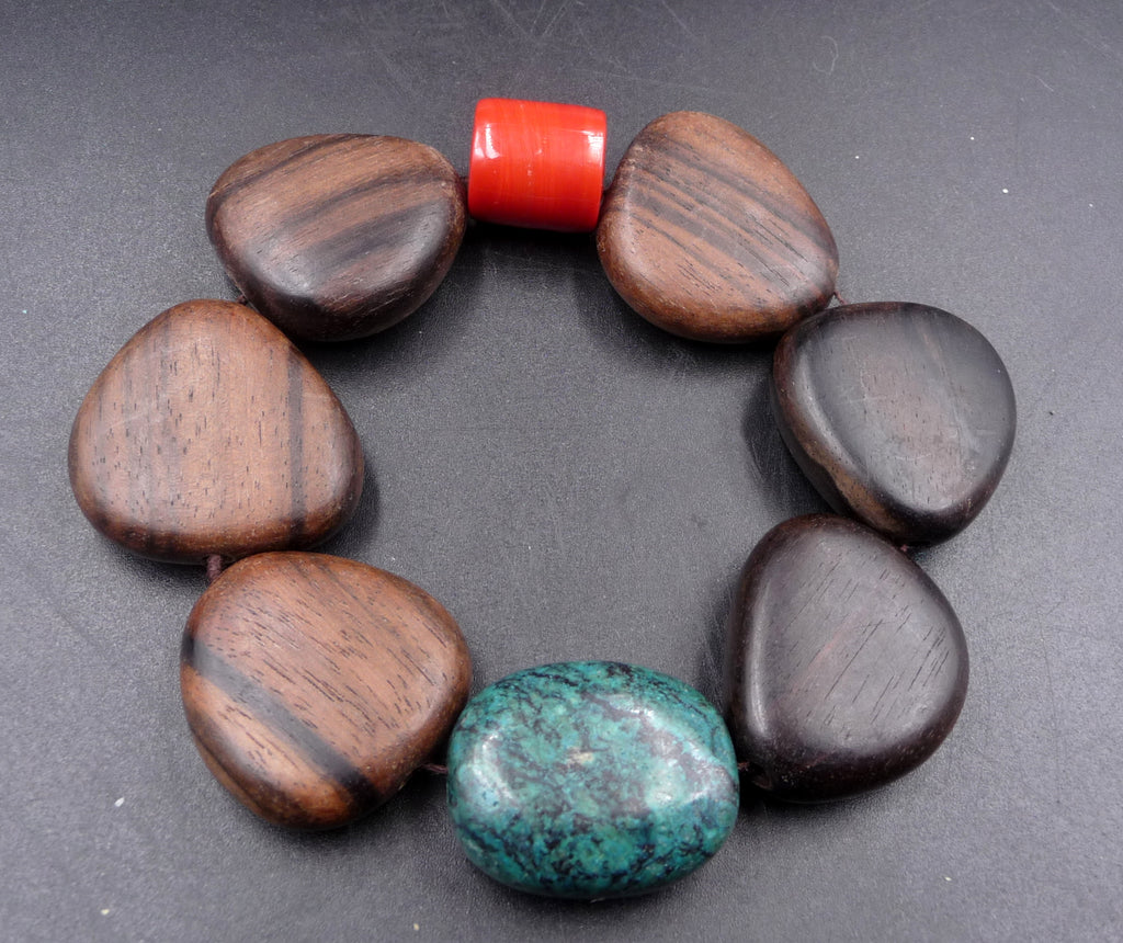Bracelet ethnique en bois de teck et pierres véritables du Laos