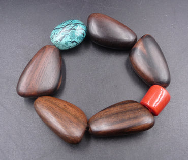 Bracelet ethnique en bois de teck et pierres véritables du Laos