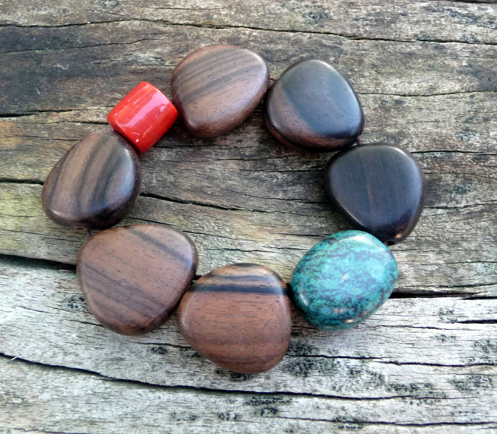 Bracelet ethnique en bois de teck et pierres véritables du Laos