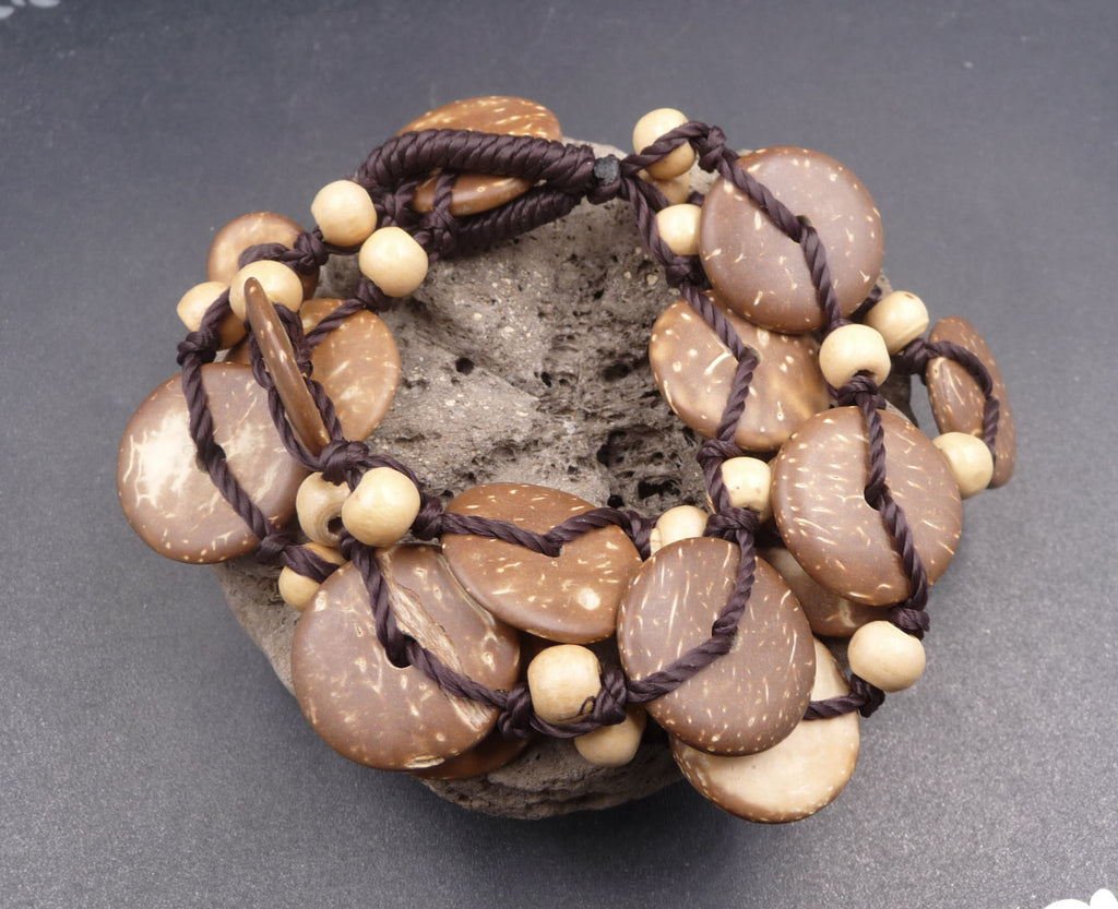 Bracelet multirangs ethnique nature perles en noix de coco