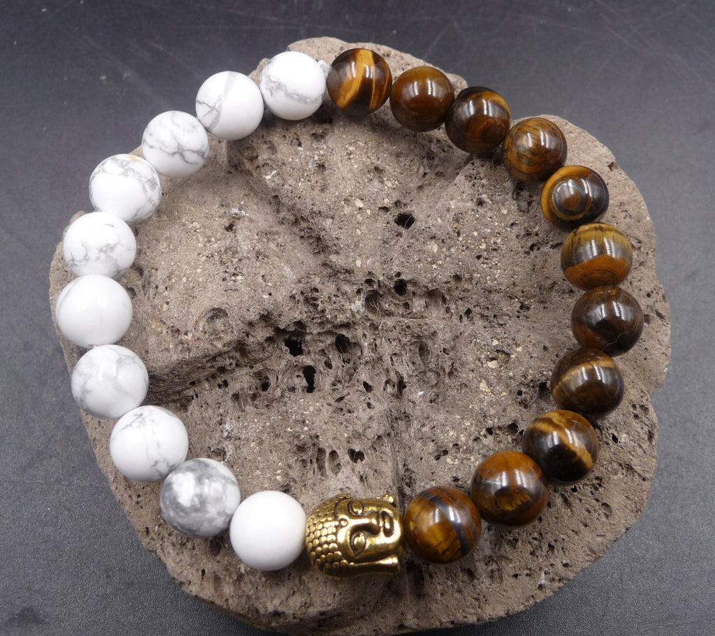 Bracelet Yin Yang Bouddha Thaï argent ou or en Howlite et Oeil de Tigre