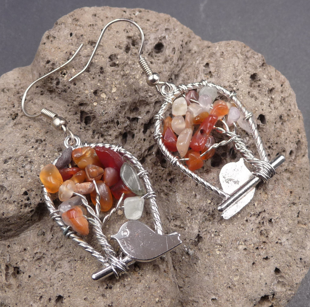 Boucles d'oreilles en Cornaline, Labradorite et Cristal de Roche - Crochets en argent 925