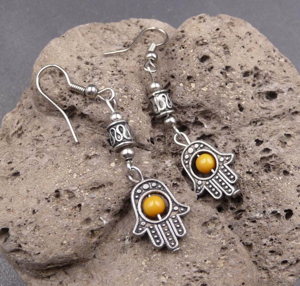 Boucles d'oreilles main de Fatma porte bonheur en argent Tibétain