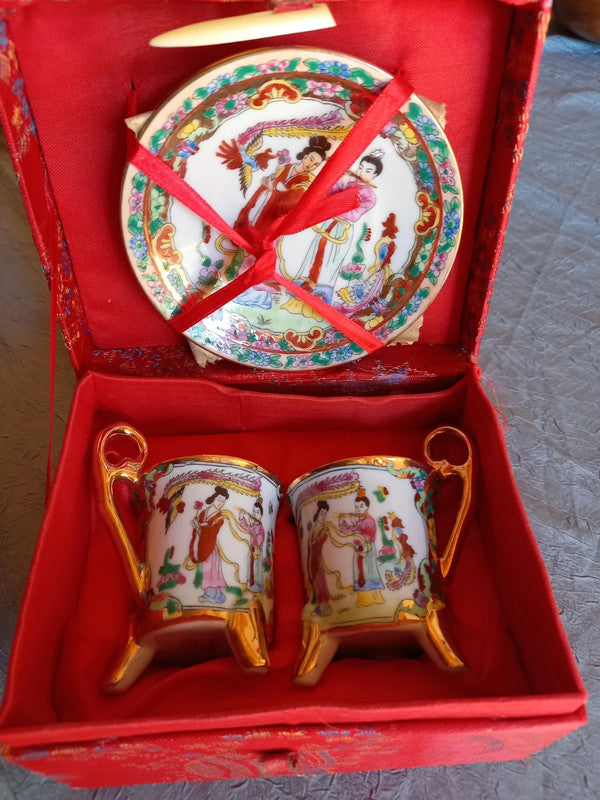 Coffret de 2 tasses à thé ou café et sous-tasses en porcelaine Canton Chine