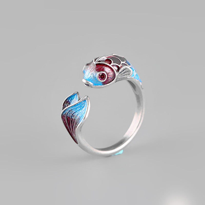 Bague Tibétaine Bouddhiste en argent 925 - Fleur de Lotus et Carpe Koi