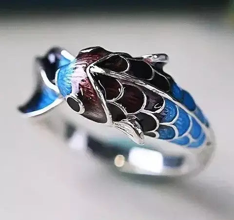 Bague Tibétaine Bouddhiste en argent 925 - Fleur de Lotus et Carpe Koi