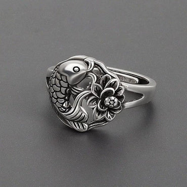 Bague Tibétaine Bouddhiste en argent 925 - Fleur de Lotus et Carpe Koi