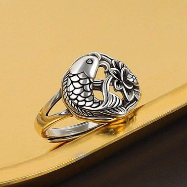 Bague Tibétaine Bouddhiste en argent 925 - Fleur de Lotus et Carpe Koi
