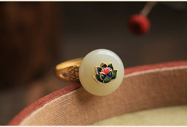 Bague Bouddhiste Tibétaine fleur de lotus en jade